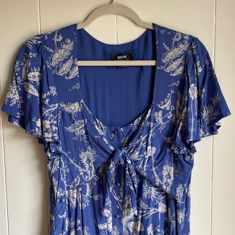Mauve Blue and White Floral Midi Coastal Beach Resort wear Dress Sz 14 - Picture 4 of 13